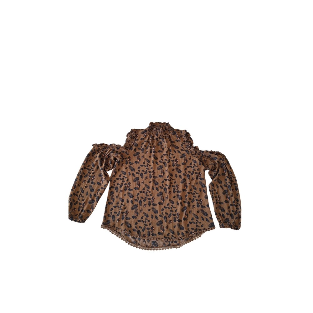 Nanette Lepore Brown Feather Print Cold Shoulder Smocked Neck Blouse Large